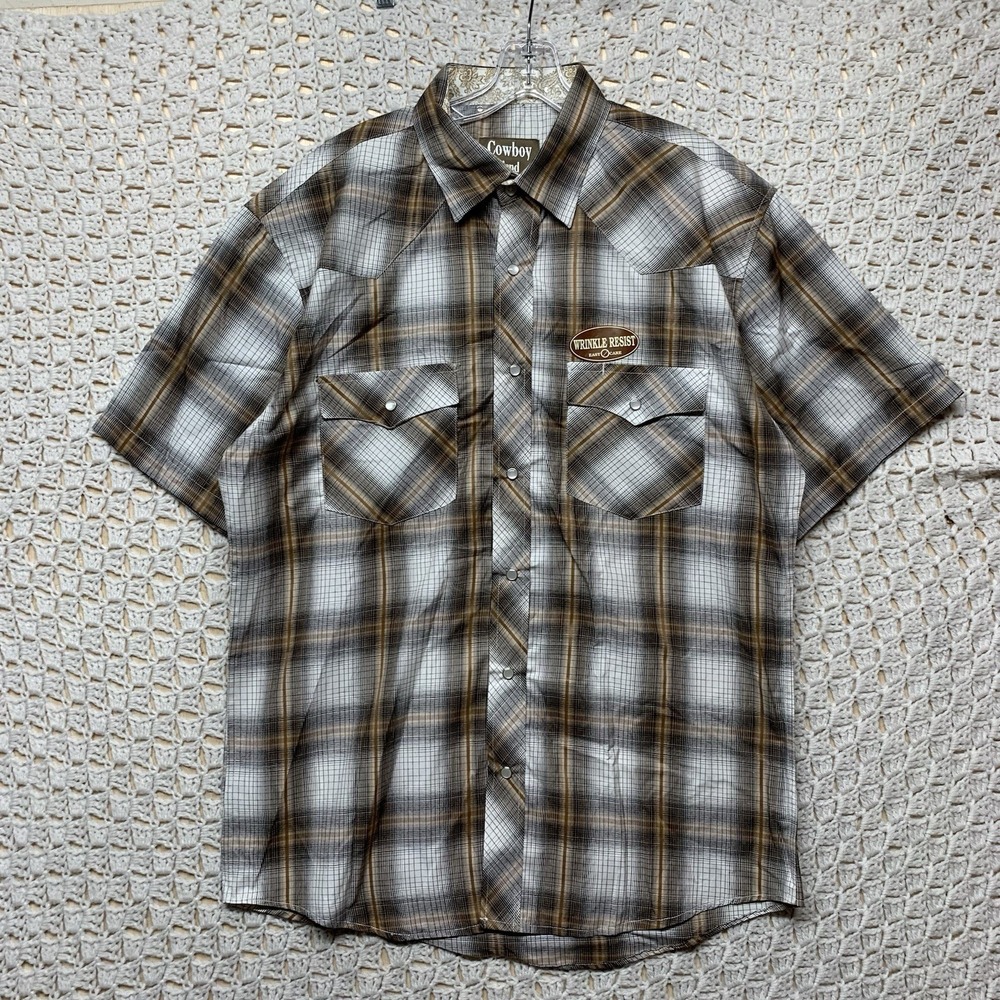 Cowboy Legend Western Shirt Mens L Brown Gray Plaid‎ Pearl Snap Rodeo Short Slv